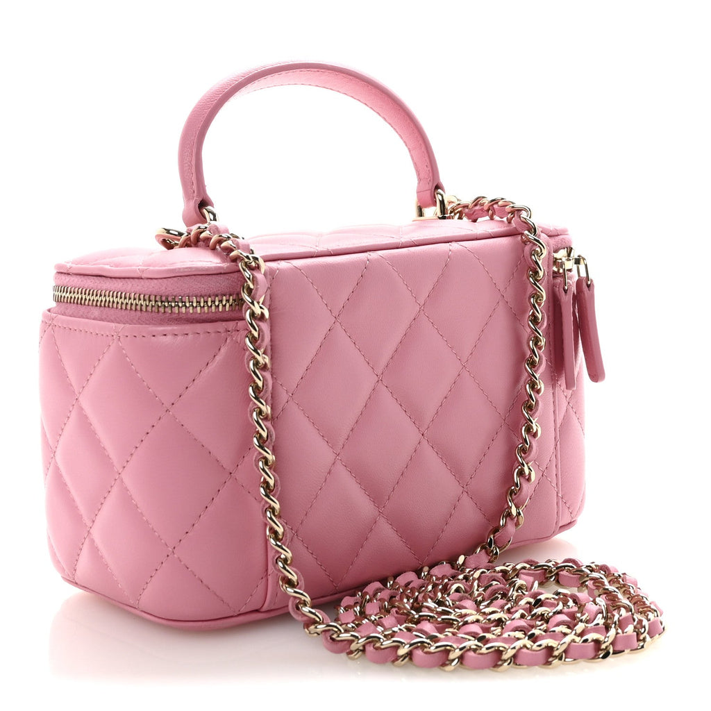 Lambskin Quilted Small Top Handle Vanity Case With Chain Pink
