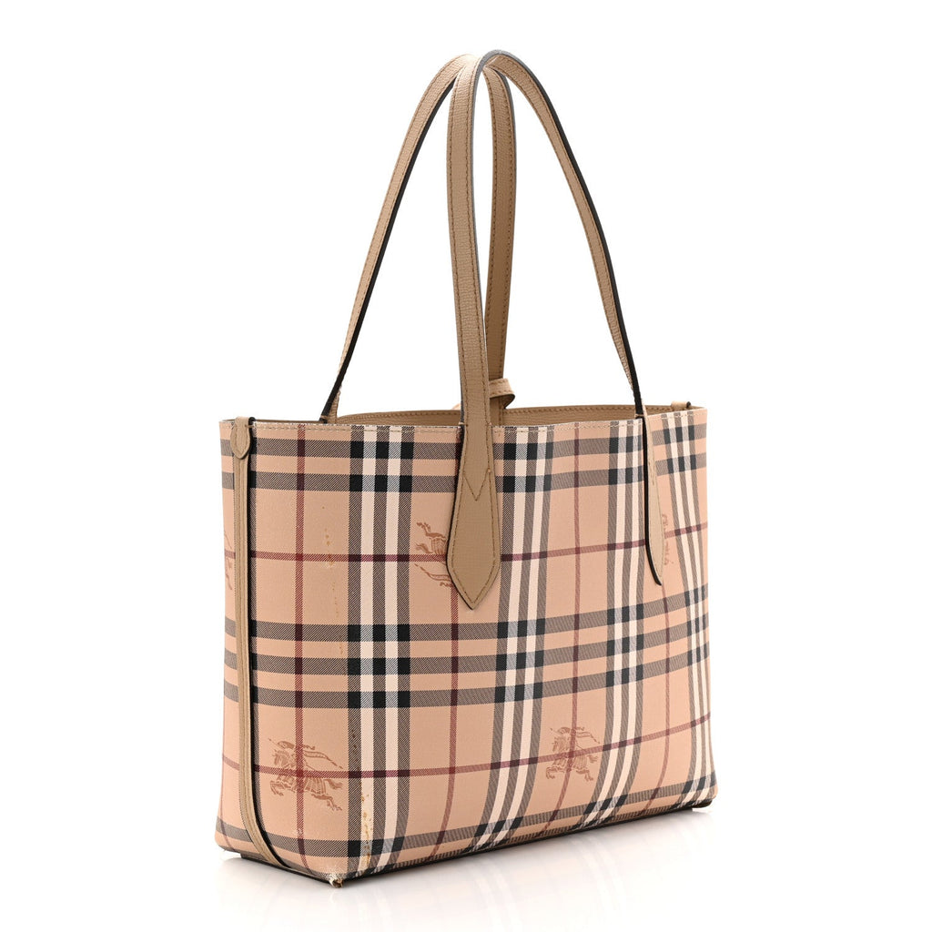 Grainy Calfskin Haymarket Check Small Reversible Tote Mid Camel