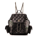 Shiny Lambskin Mesh Quilted Small Cargo Duma Drawstring Backpack Black