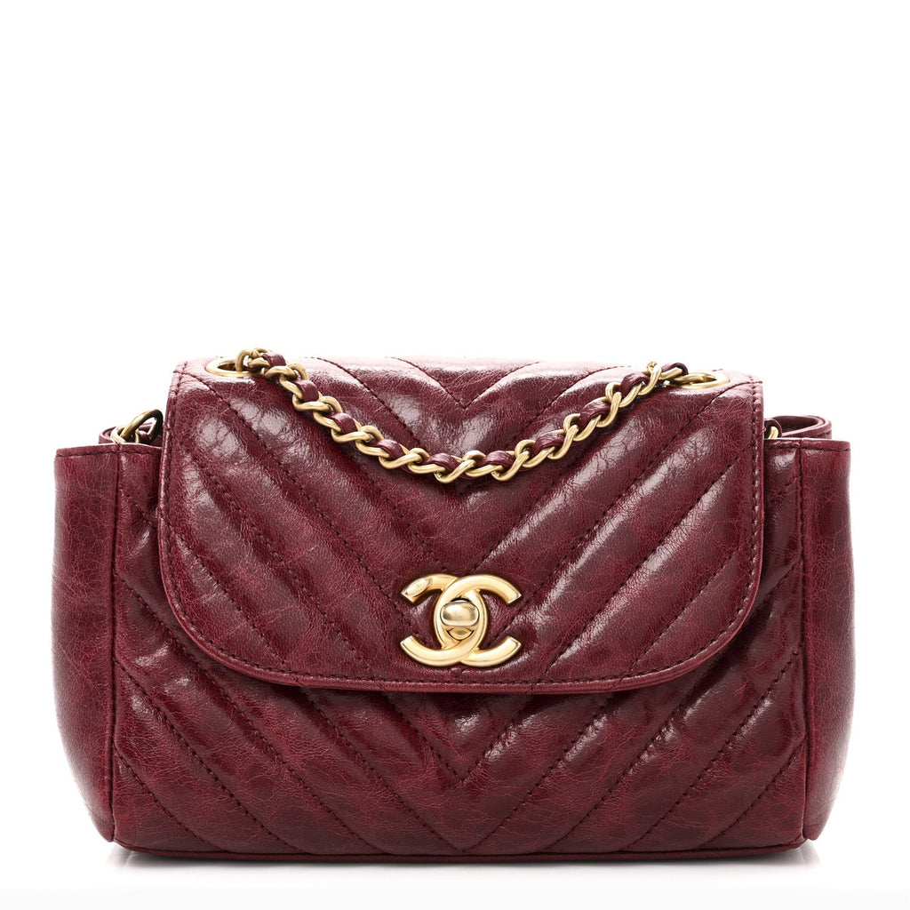Glazed Calfskin Chevron Quilted Small Hampton Flap Burgundy