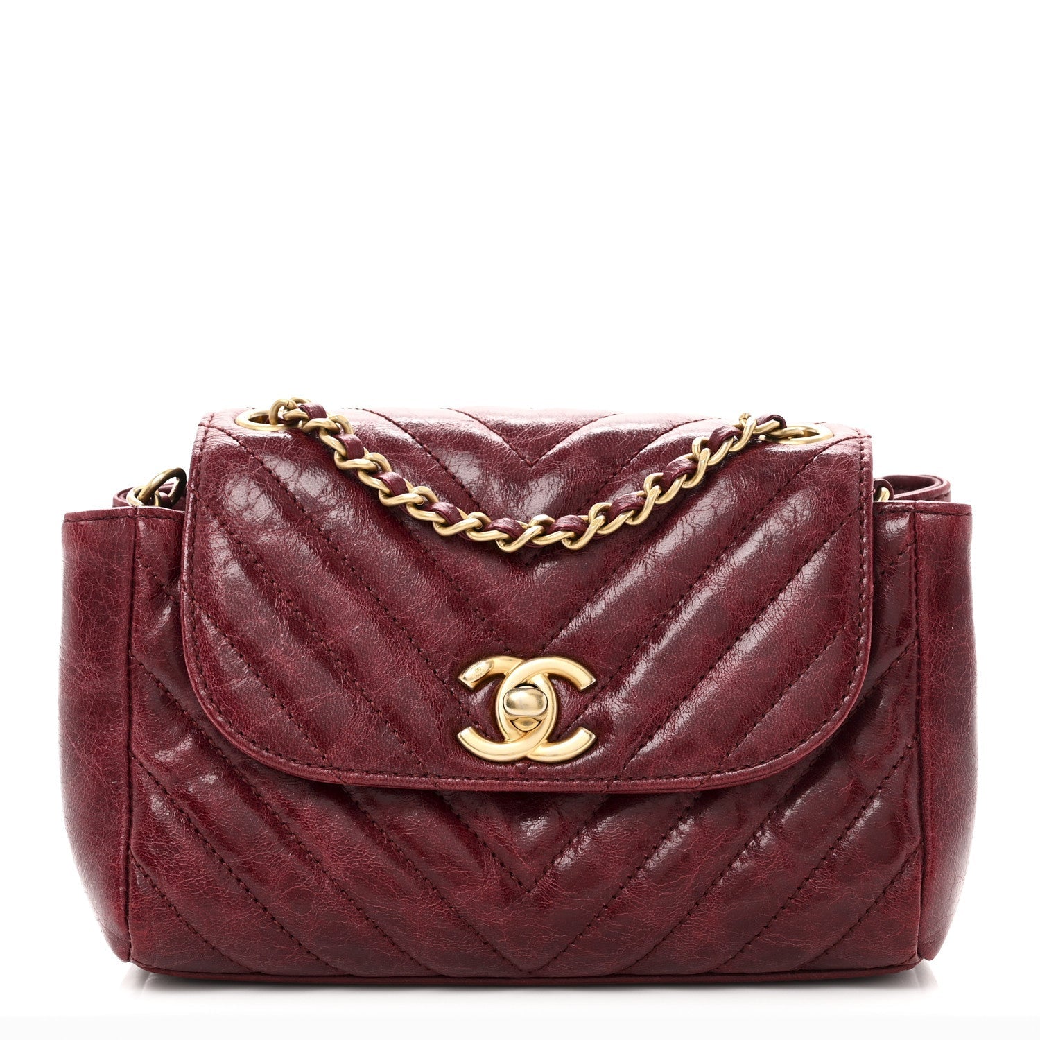 Glazed Calfskin Chevron Quilted Small Hampton Flap Burgundy