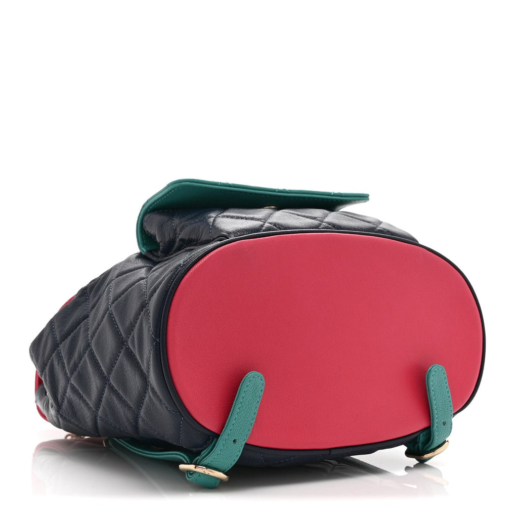 Goatskin Quilted Duma Drawstring Backpack Navy Turquoise Pink