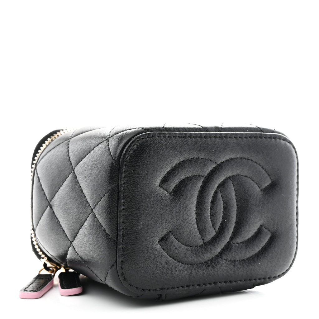 Lambskin Quilted Top Handle Mini Vanity Case With Chain Black Pink