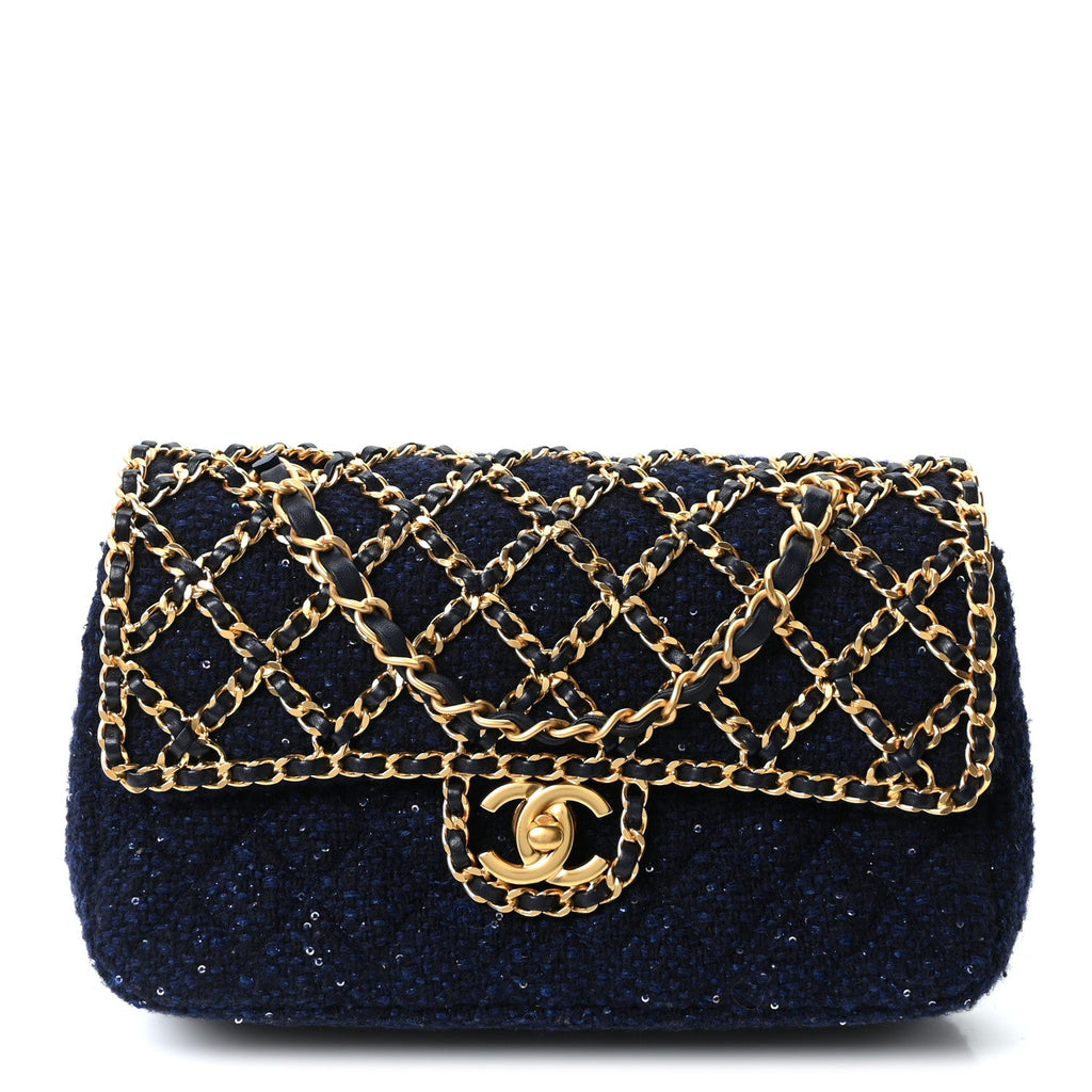 Tweed Sequin Timeless Classic Chained Double Flap Navy Blue