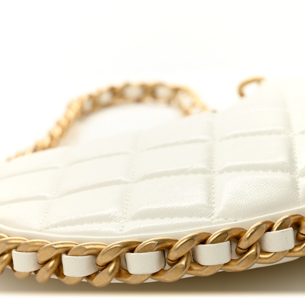 Shiny Crumpled Lambskin Quilted Trendy Chain Around Hobo White