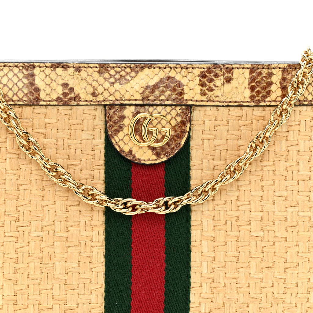 Raffia Elaphe GG Small Ophidia Chain Shoulder Bag Natural Cream Brown