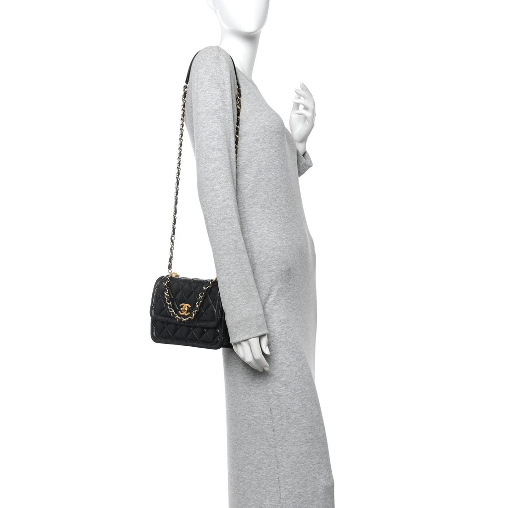 Shiny Lambskin Quilted Mini Flap Black