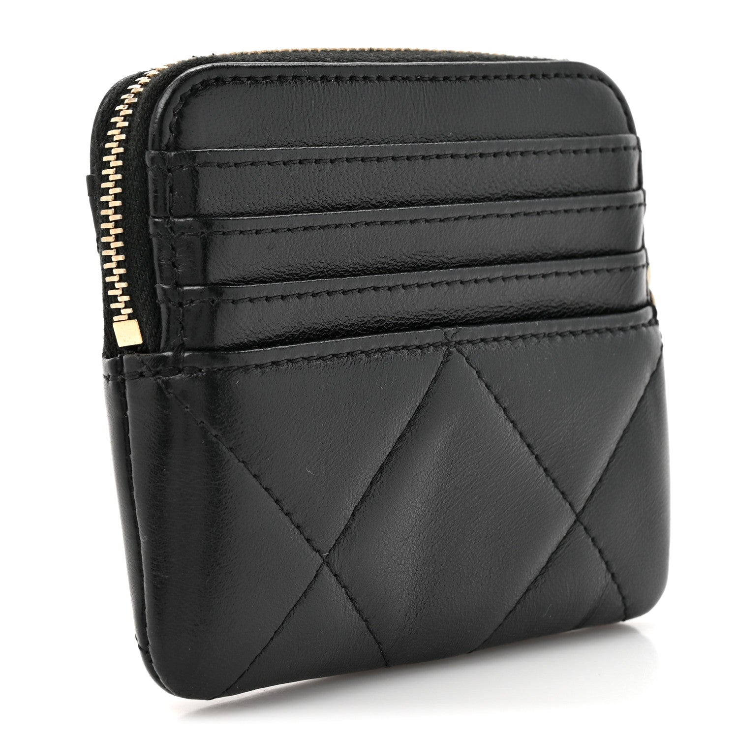Lambskin Quilted Chanel 19 Zip  Holder Wallet Black