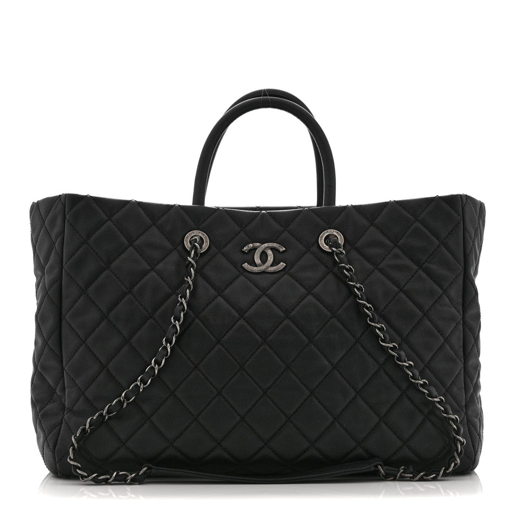 Caviar Quilted Large Coco Handle Shopping Tote Black