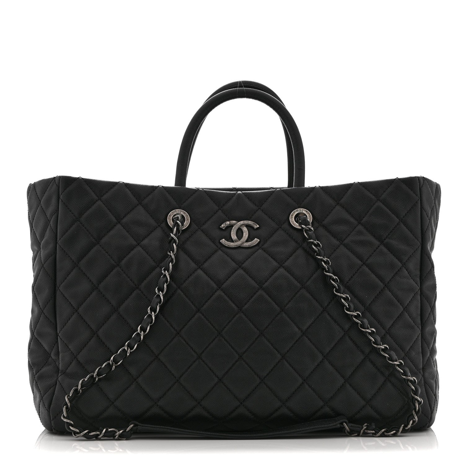 Caviar Quilted Large Coco Handle Shopping Tote Black