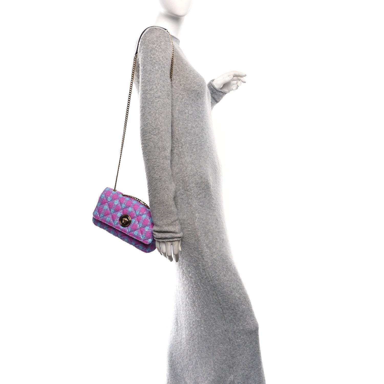 Tweed Quilted Medusa Medium Chain Crossbody Pink Blue