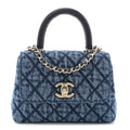 Washed Denim Quilted Coco Handle Clutch With Chain Blue