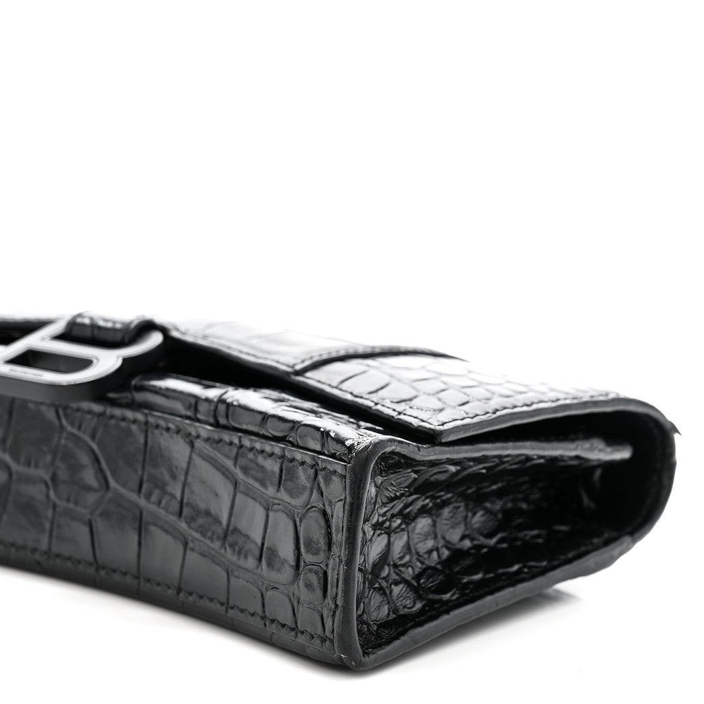 Shiny Calfskin Monochrome Crocodile Embossed Hourglass Chain Bag Black