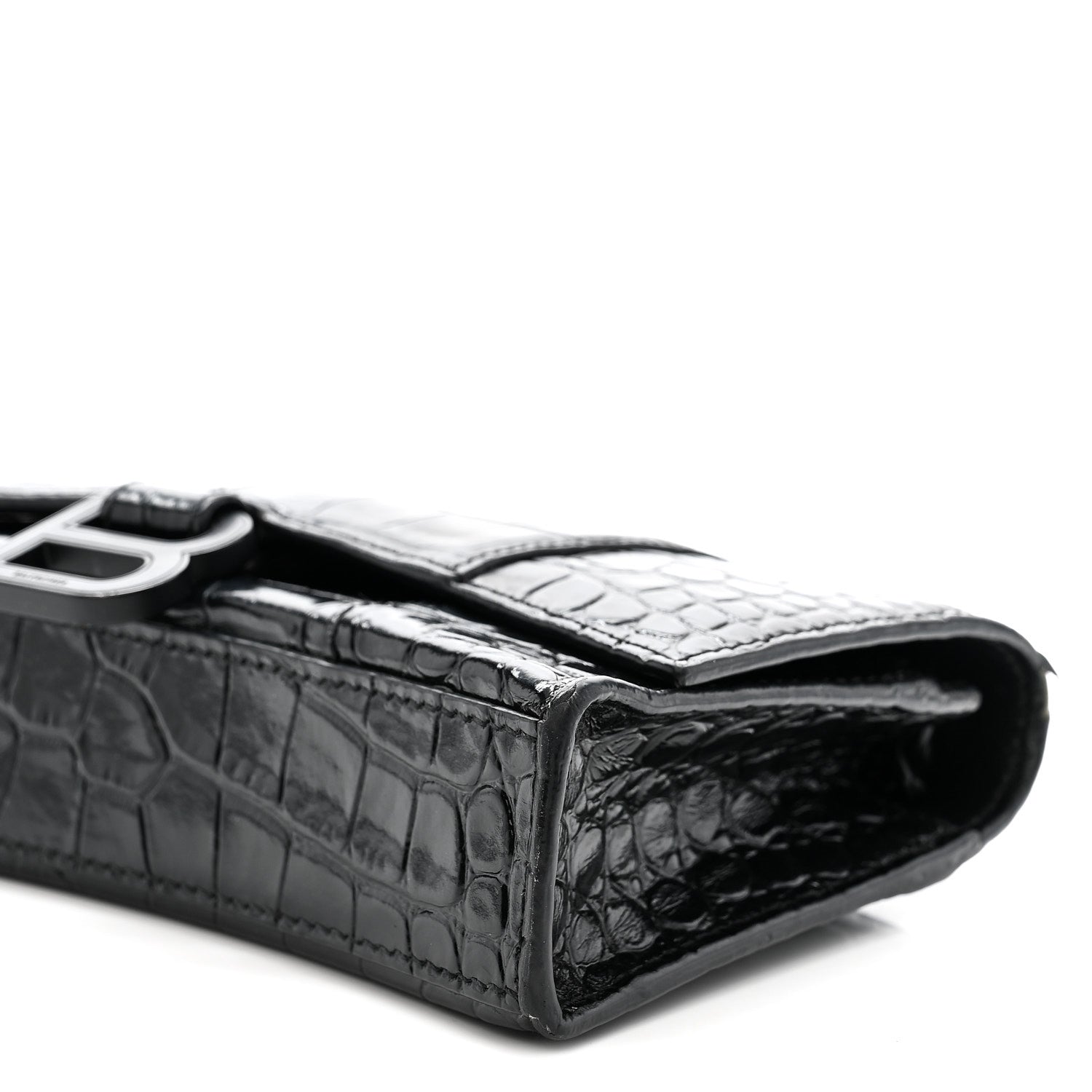 Shiny Calfskin Monochrome Crocodile Embossed Hourglass Chain Bag Black