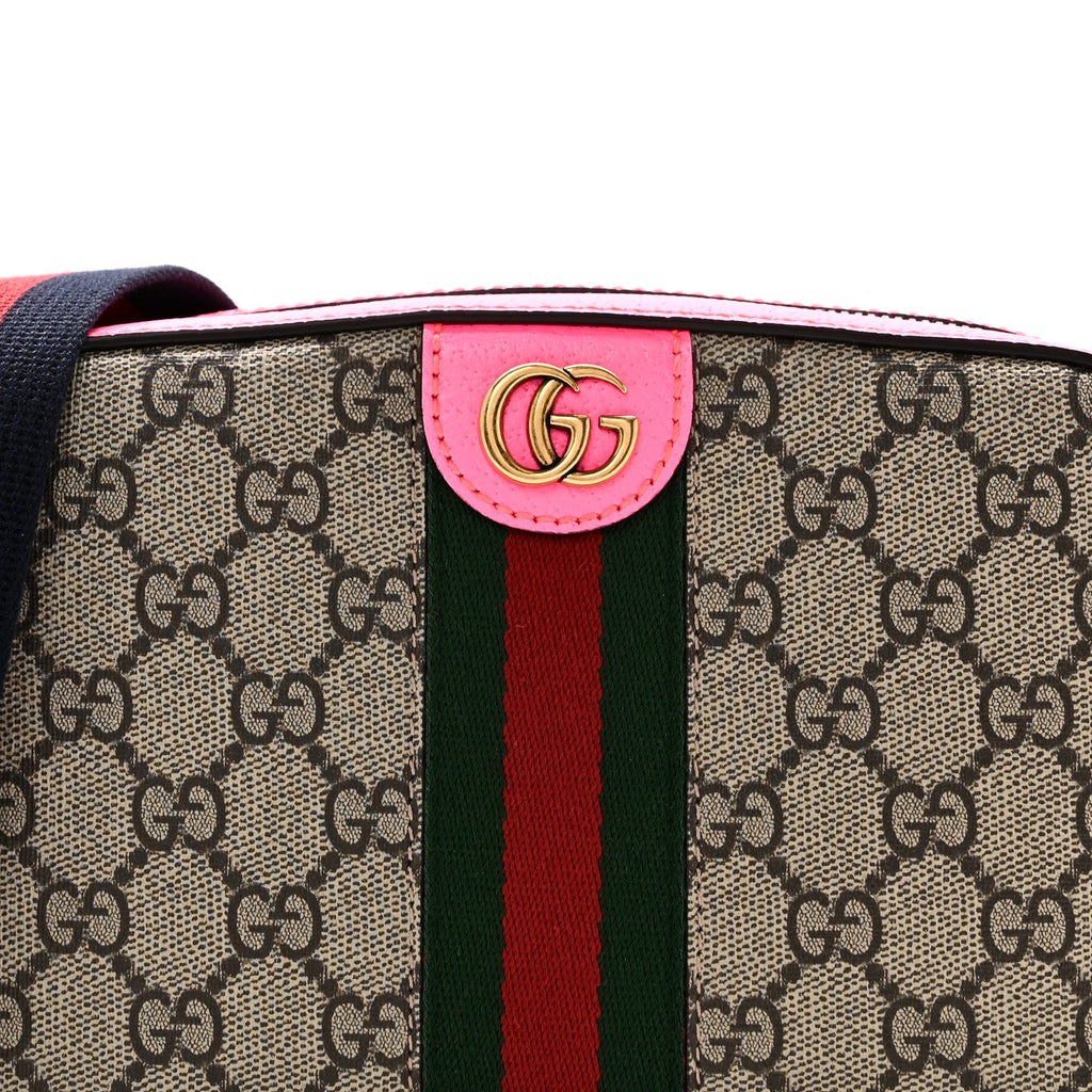 GG Supreme Monogram Textured Dollar Calfskin Web Ophidia Small Crossbody Bag Beige Ebony Fuchsia