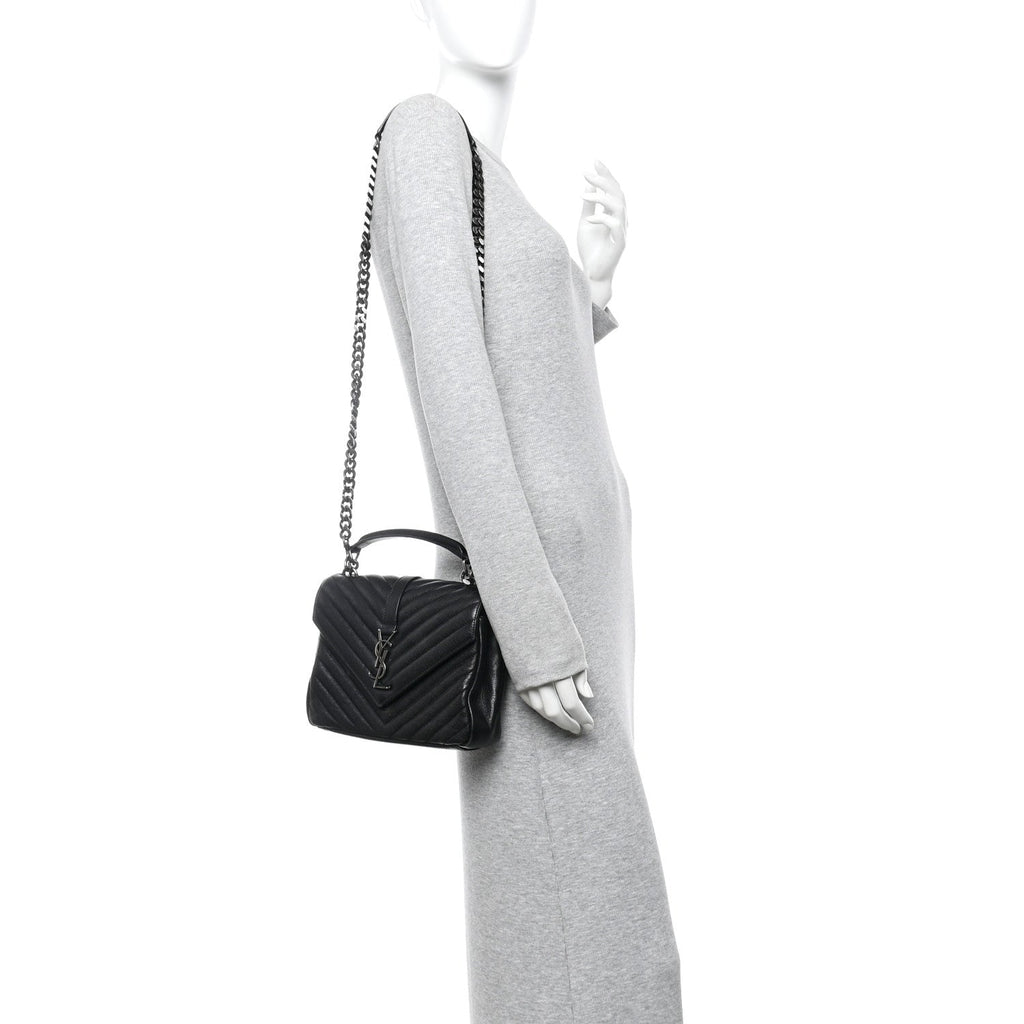 Sheepskin Matelasse Chevron Monogram Medium College Bag Black