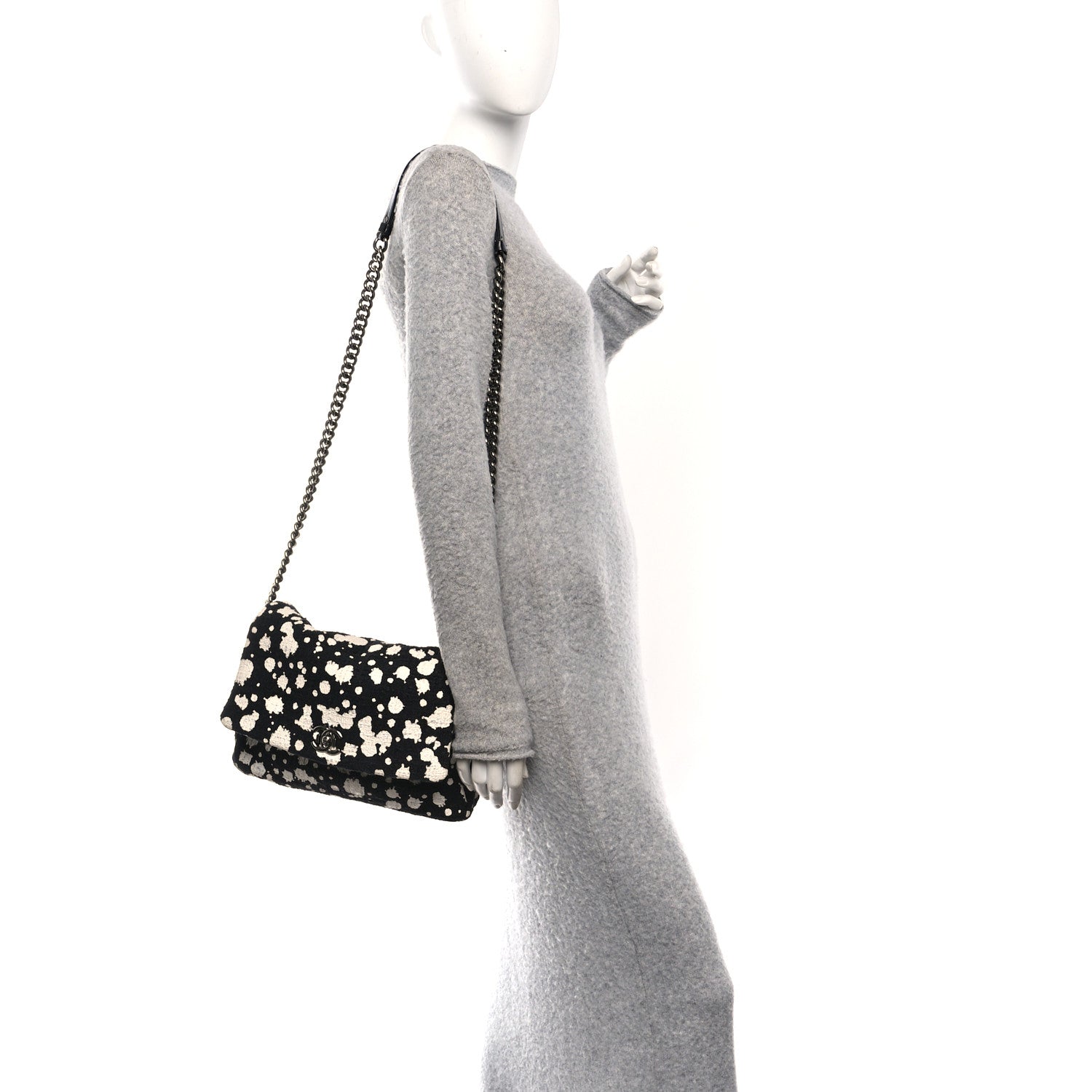 Tweed Paint Splatter Print Flap Black White