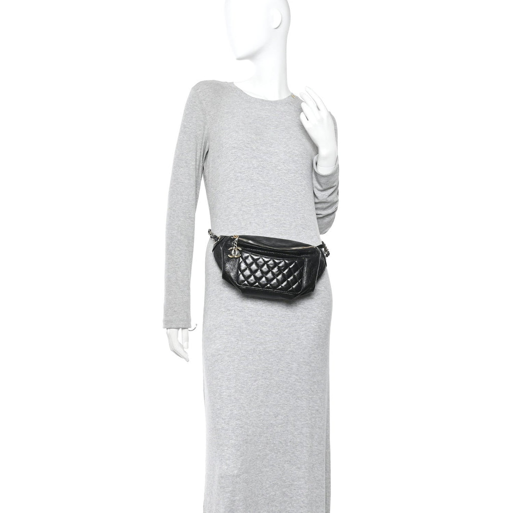 Crumpled Glazed Lambskin Quilted Waist Bag Fanny Pack Black