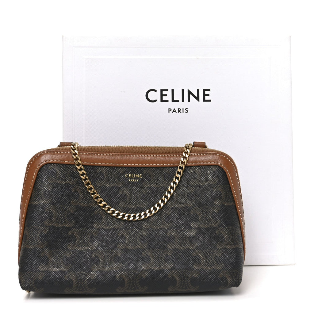 Triomphe Canvas Lambskin Clutch On Chain Tan