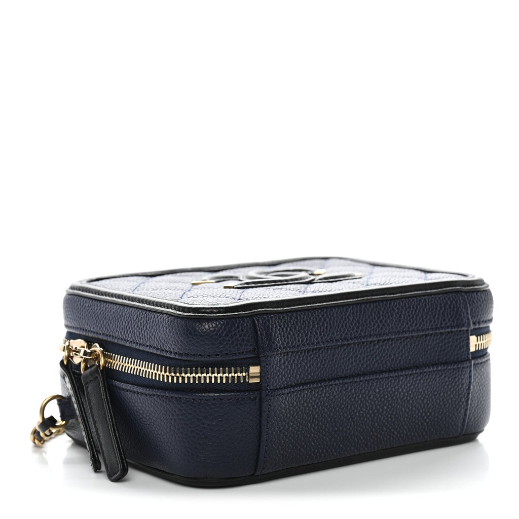 Caviar Quilted Small CC Filigree Vanity Case Navy Black