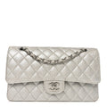 Glittered Metallic Caviar Quilted Medium Double Flap Silver