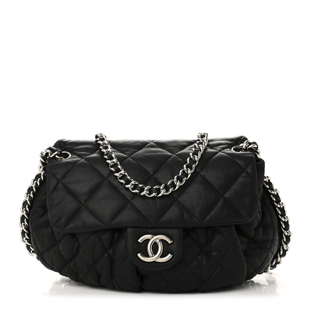 Washed Lambskin Quilted Medium Chain Around Messenger Black