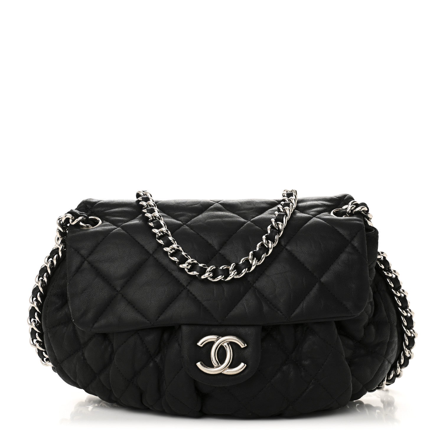 Washed Lambskin Quilted Medium Chain Around Messenger Black