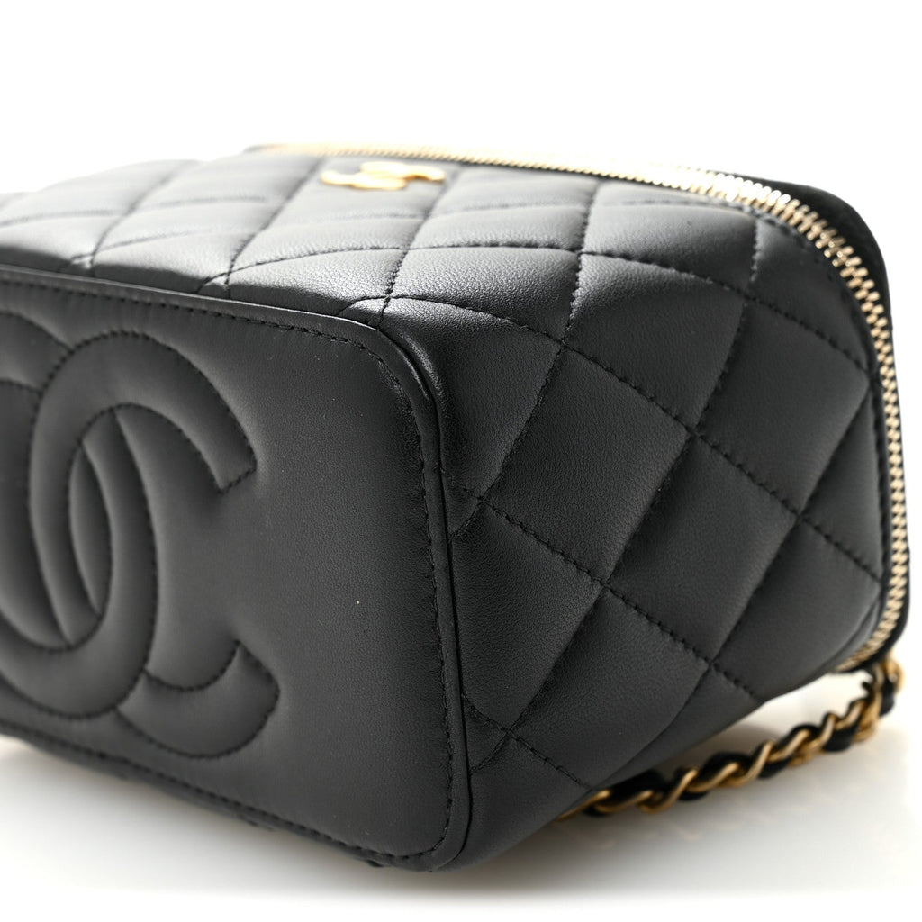 Lambskin Quilted Metal Small Top Handle Vanity Case With Chain Black
