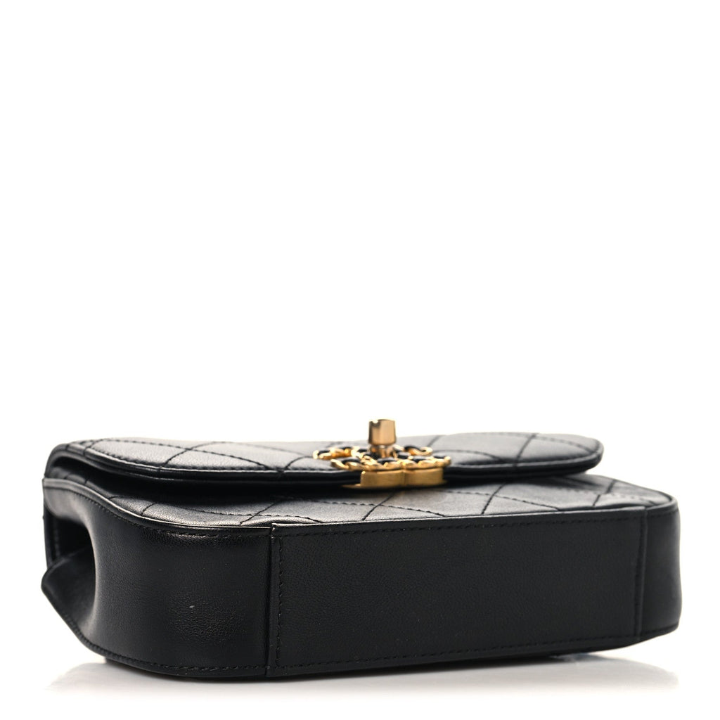 Lambskin Quilted Chain Infinity Waist Belt Bag Black