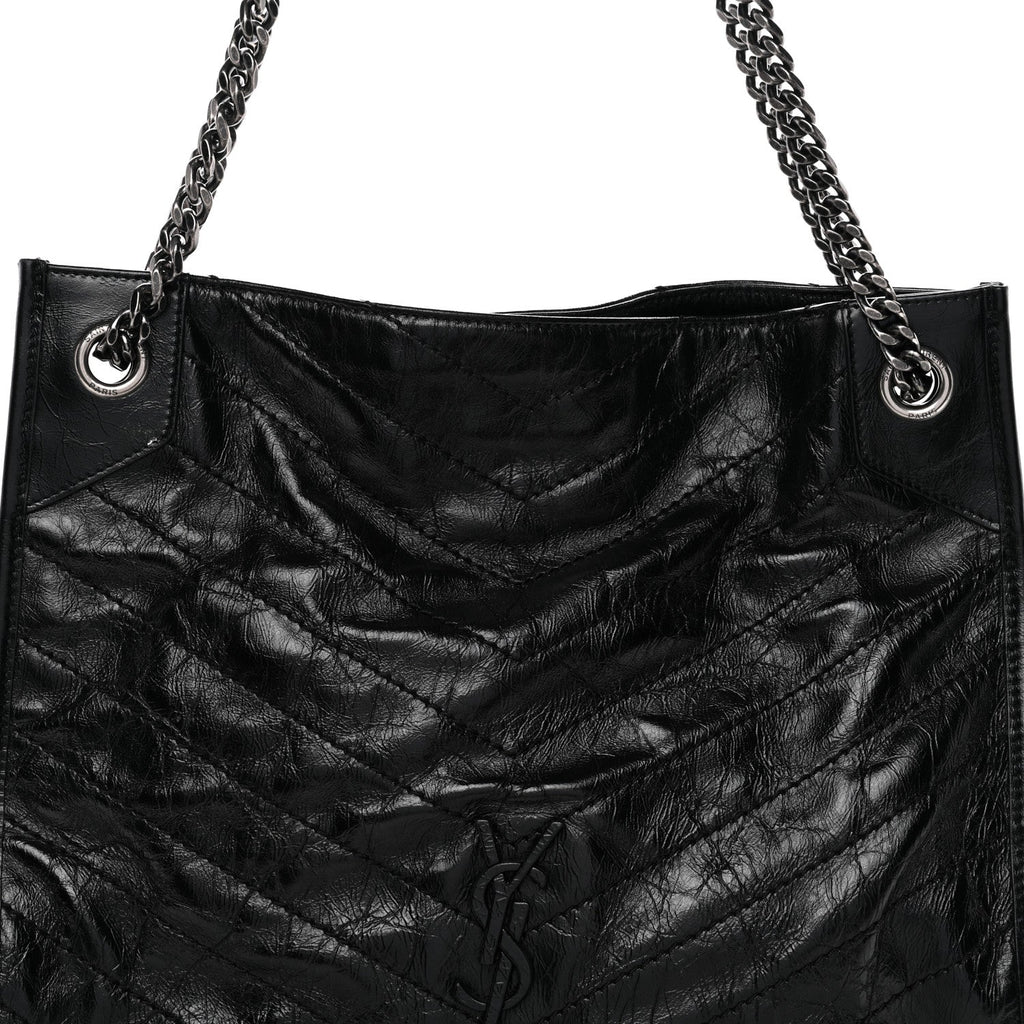 Crinkled Calfskin Matelasse Monogram Medium Niki Shopper Tote Black