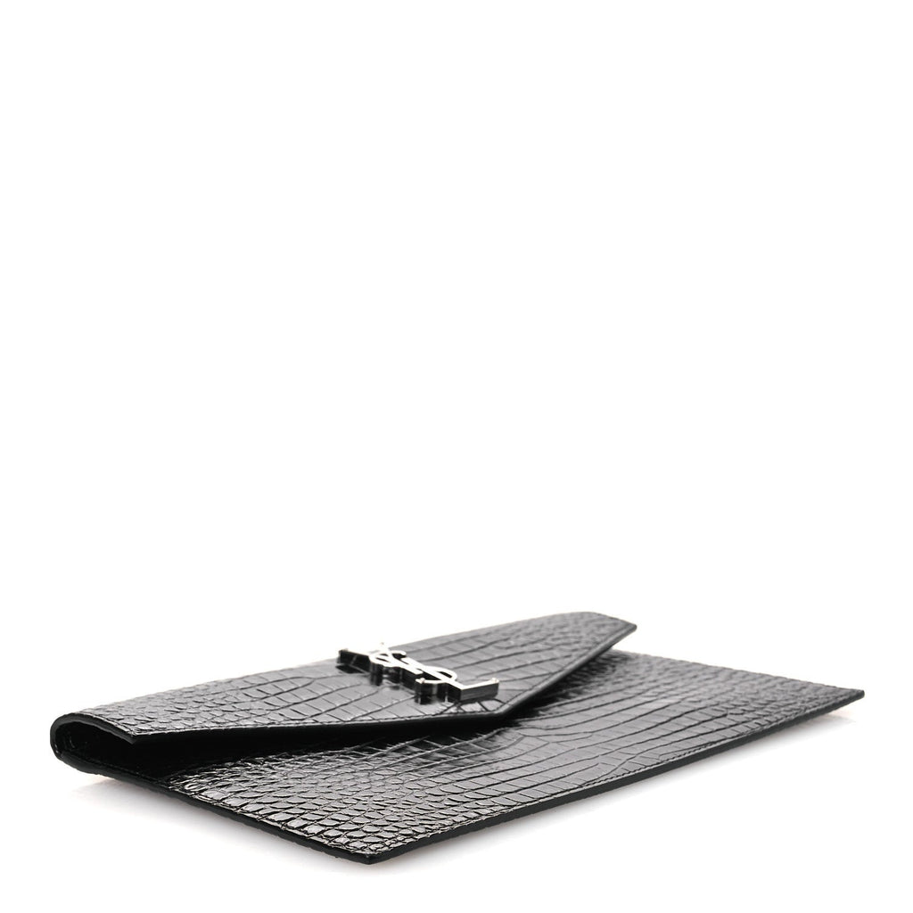 Calfskin Crocodile Embossed Uptown Monogram Clutch Black