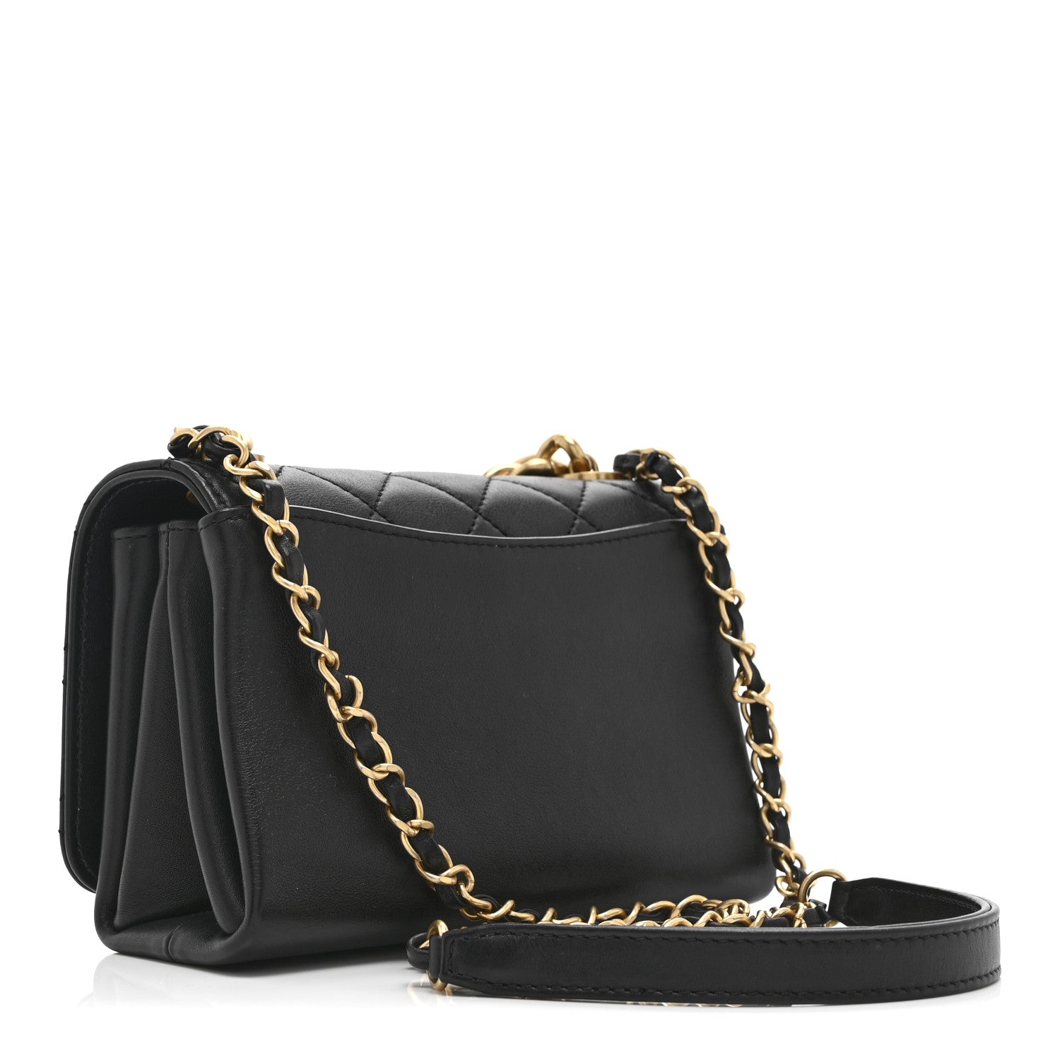 Calfskin Quilted Pearl Jewel Chain Flap Black
