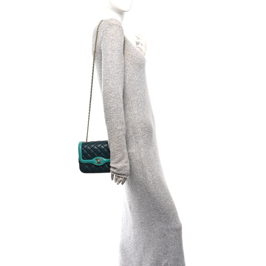 Lambskin Quilted Mini Two Tone Day Flap Navy Turquoise