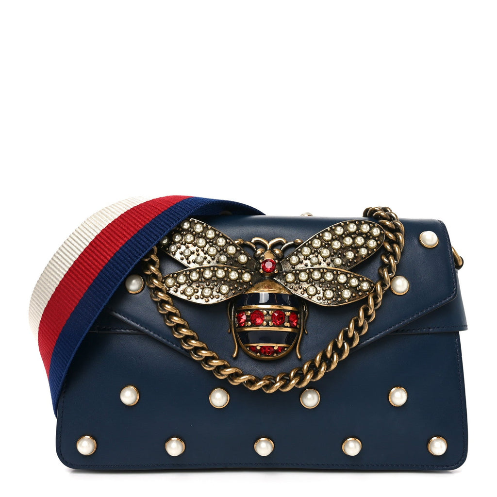 Nappa Pearl Studded Mini Queen Margaret Broadway Shoulder Bag Blue Agata