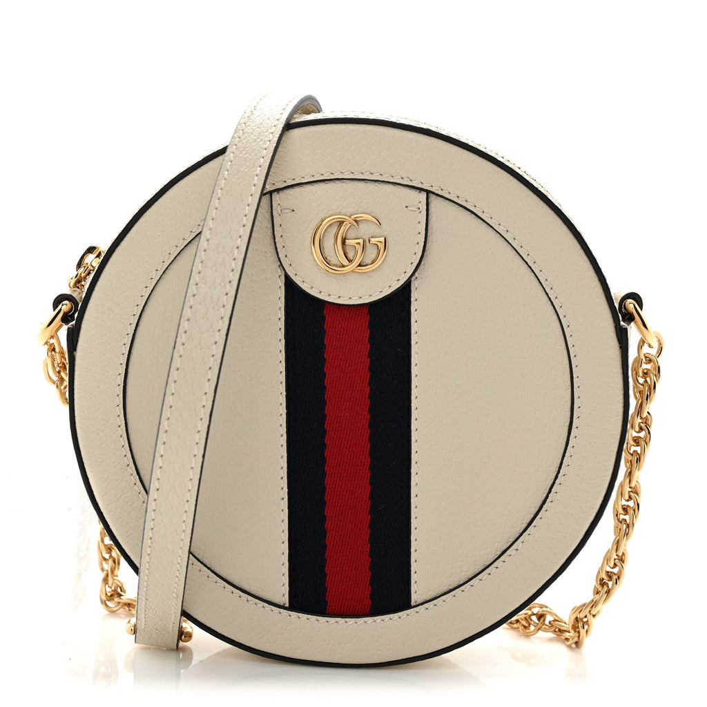 Textured Calfskin Web Mini Ophidia Round Shoulder Bag Mystic White