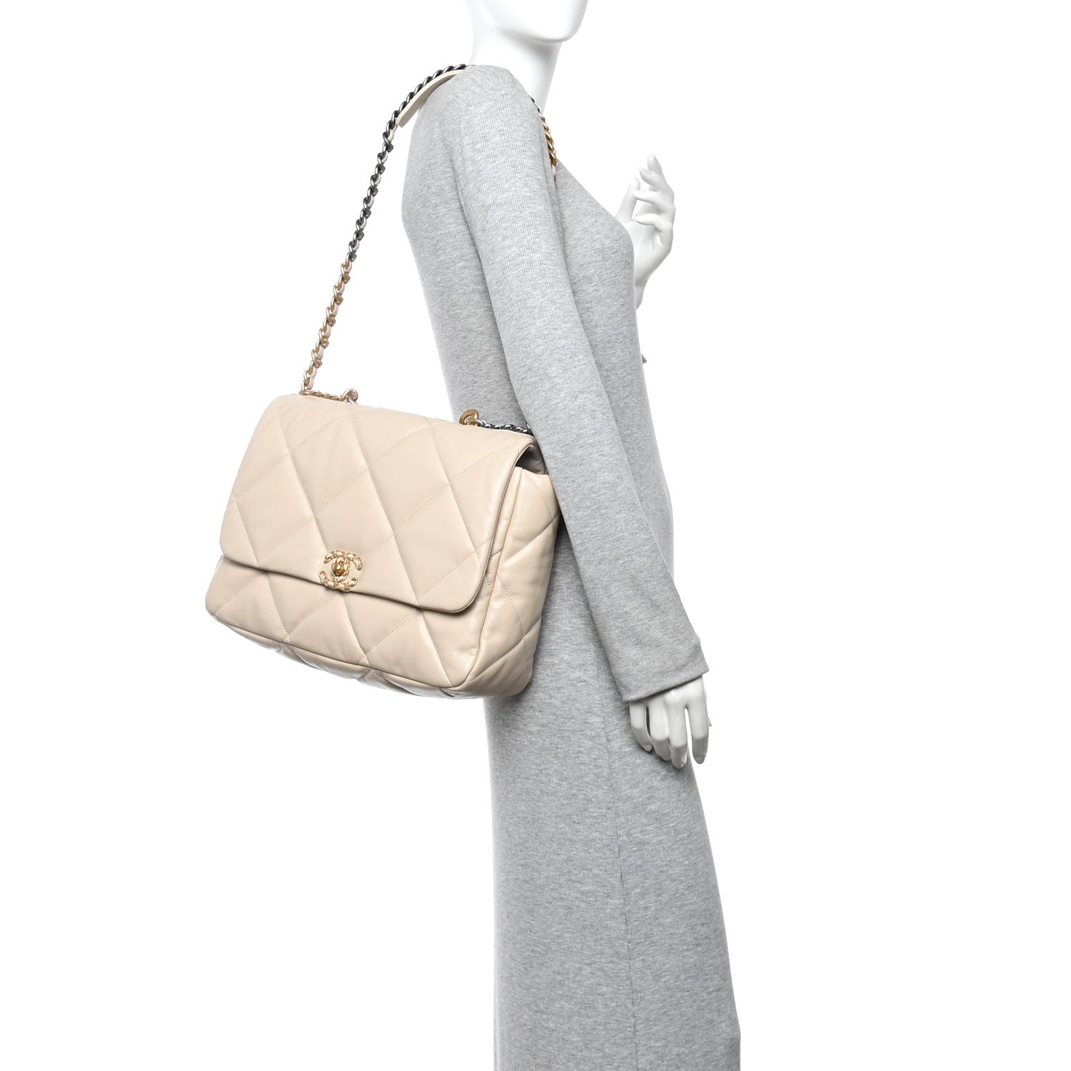 Goatskin Quilted Maxi Chanel 19 Flap Beige