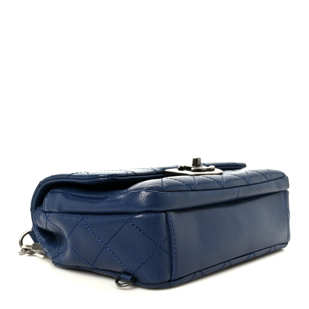 Shiny Goatskin Quilted Small Double Carry Waist Chain Flap Blue
