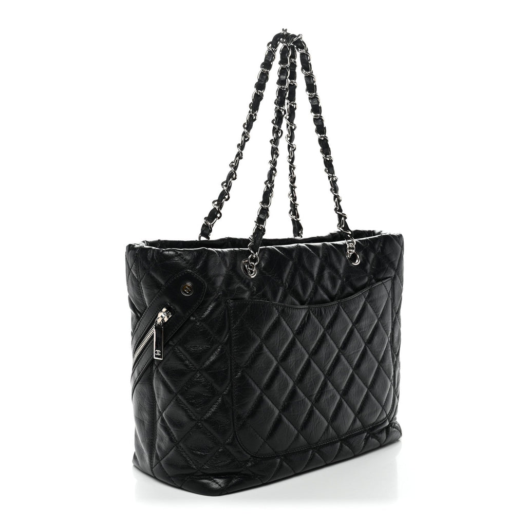Aged Calfskin Quilted Large Cotton Club Tote Black