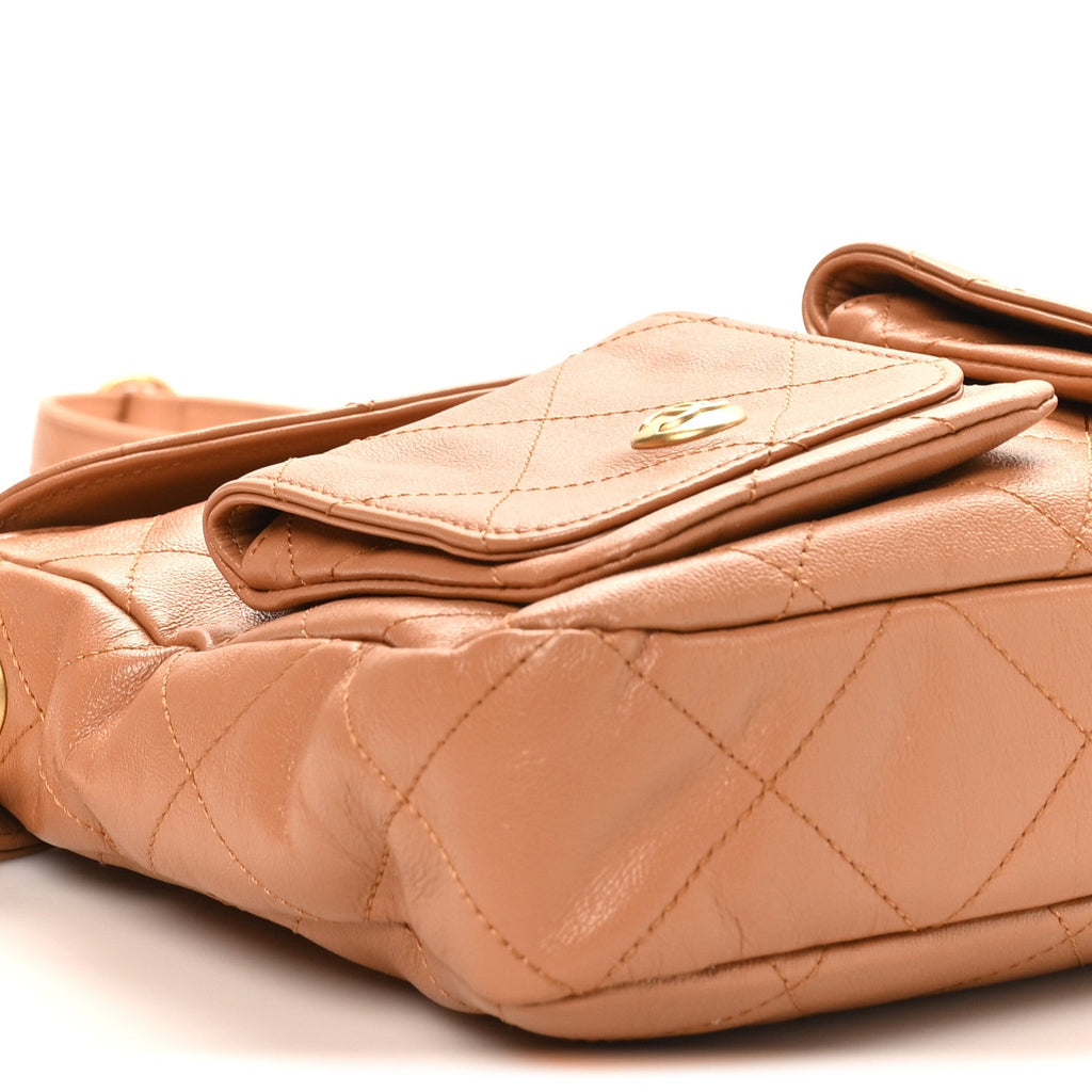 Shiny Calfskin Quilted Small Supple Twins Hobo Bag Brown