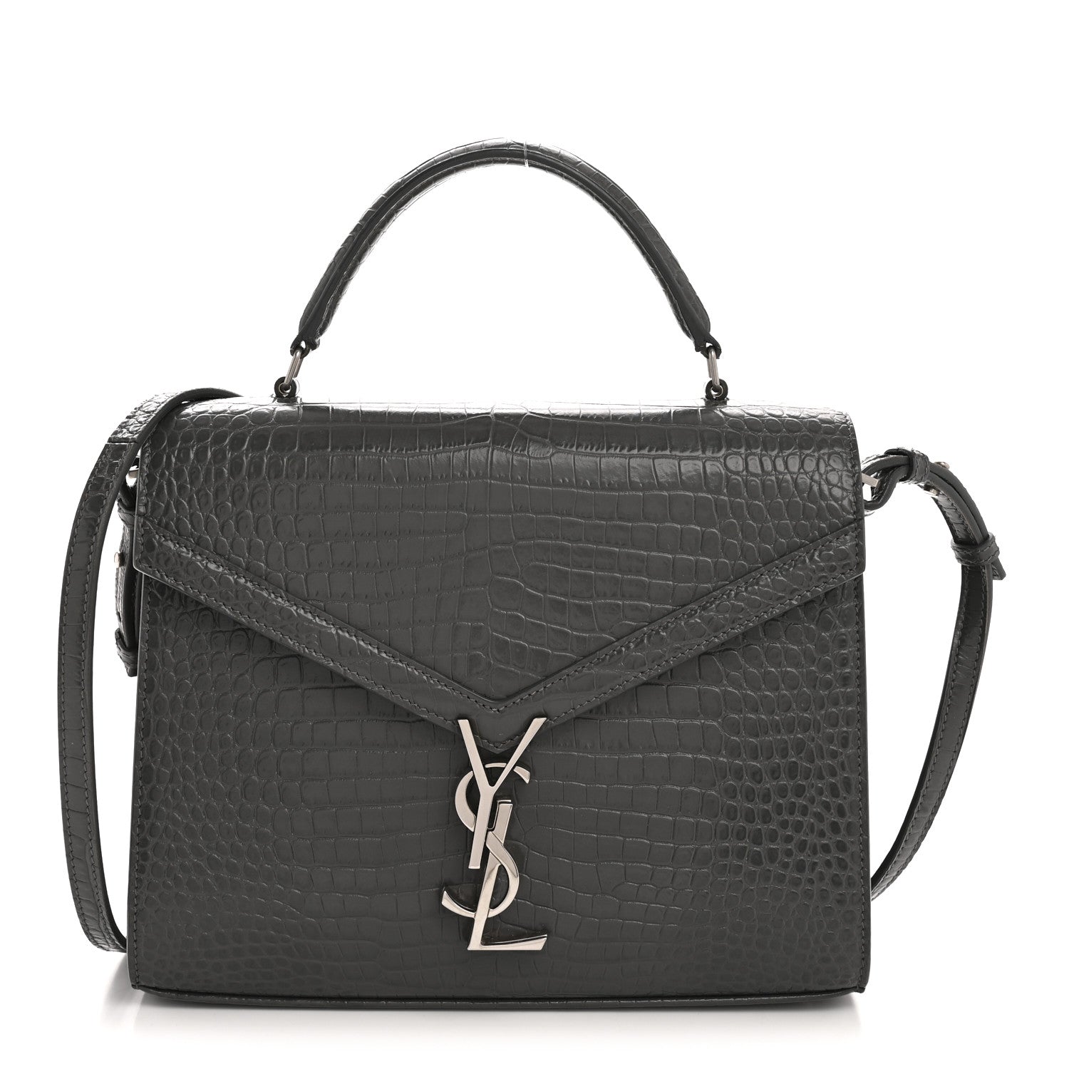Calfskin Crocodile Embossed Medium Classic Monogram Cassandra Top Handle Fog