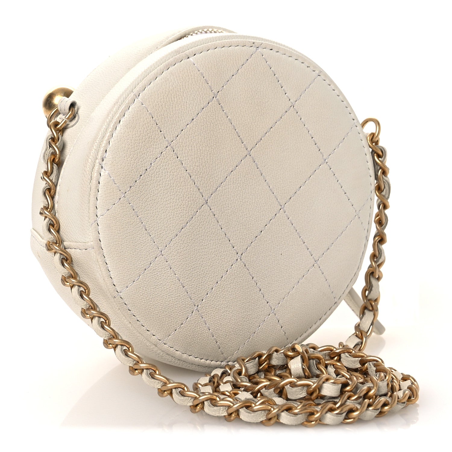 Lambskin Quilted Pearl Round Clutch With Chain White