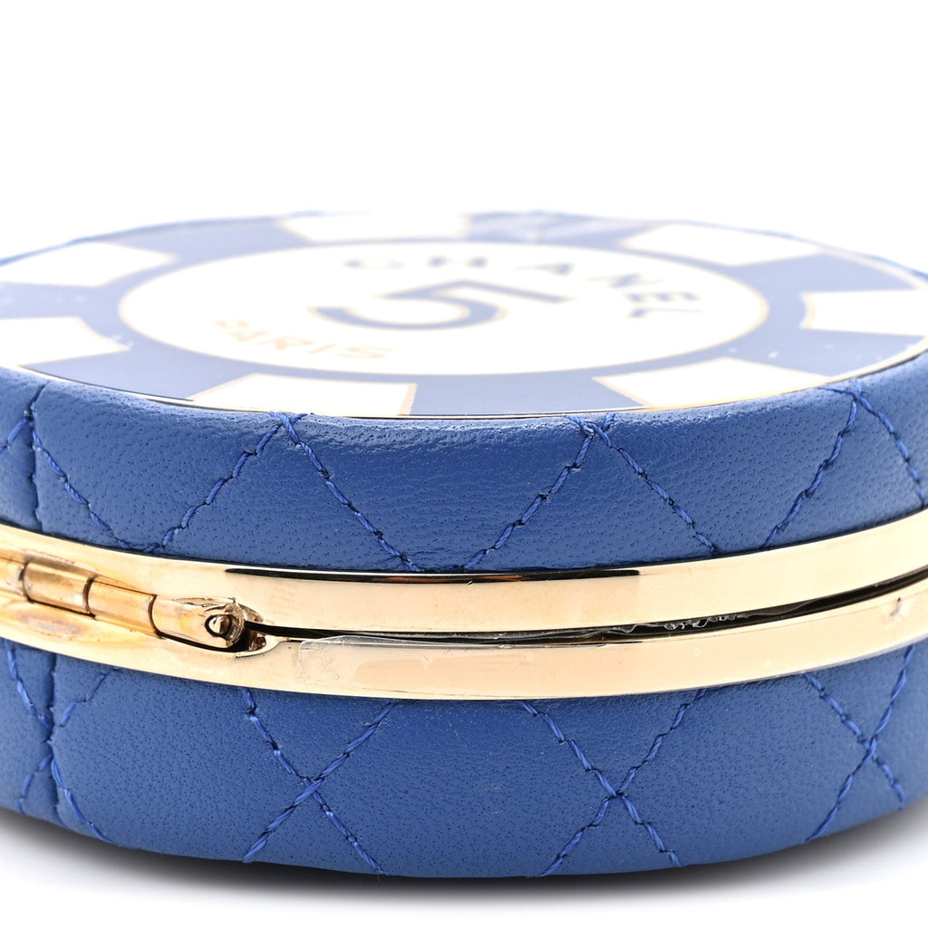 Lambskin Enamel Quilted Round Poker Chip Clutch With Chain Blue White