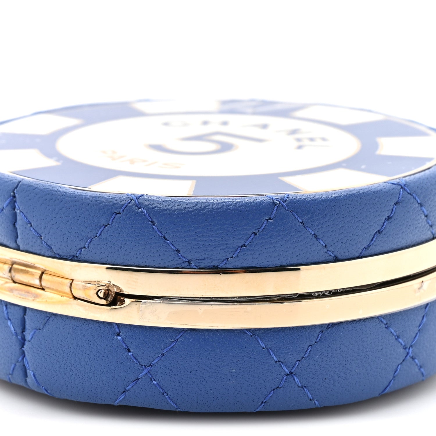 Lambskin Enamel Quilted Round Poker Chip Clutch With Chain Blue White