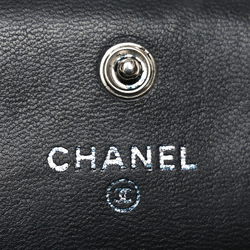 Lambskin Embossed Camellia Large Gusset Flap Wallet Black
