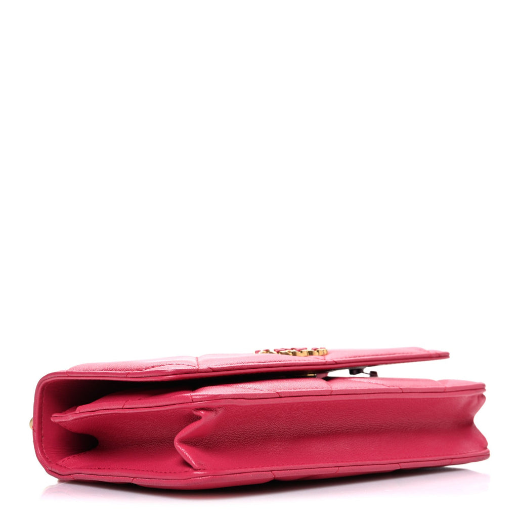 Shiny Goatskin Quilted Chanel 19 Wallet On Chain WOC Pink
