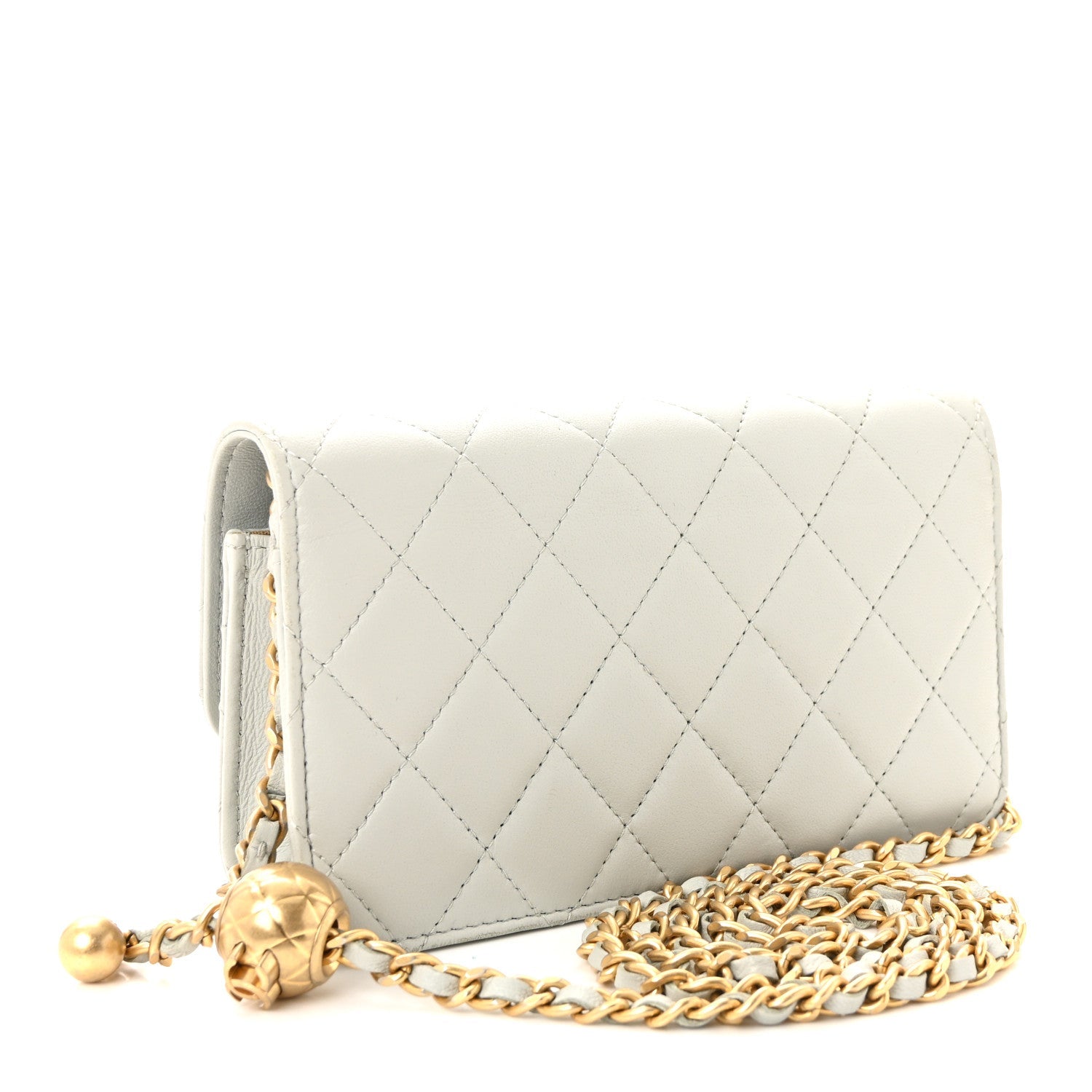 Lambskin Pearl Crush Quilted Flap Phone Holder With Chain Light Grey