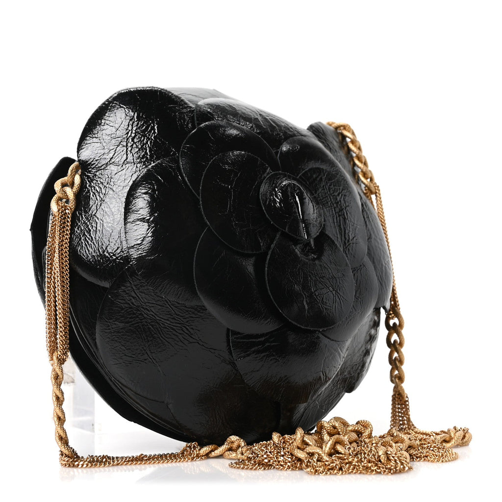 Patent Lambskin Camellia Bouquet Clutch With Chain Black