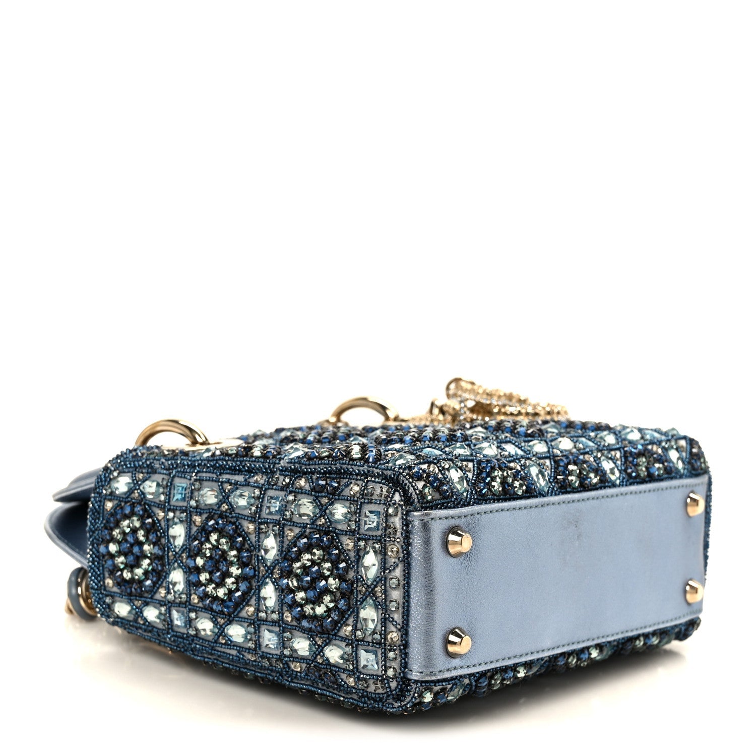 Metallic Calfskin Satin Celestial Bead Embroidery Cannage Mini Lady Dior Blue