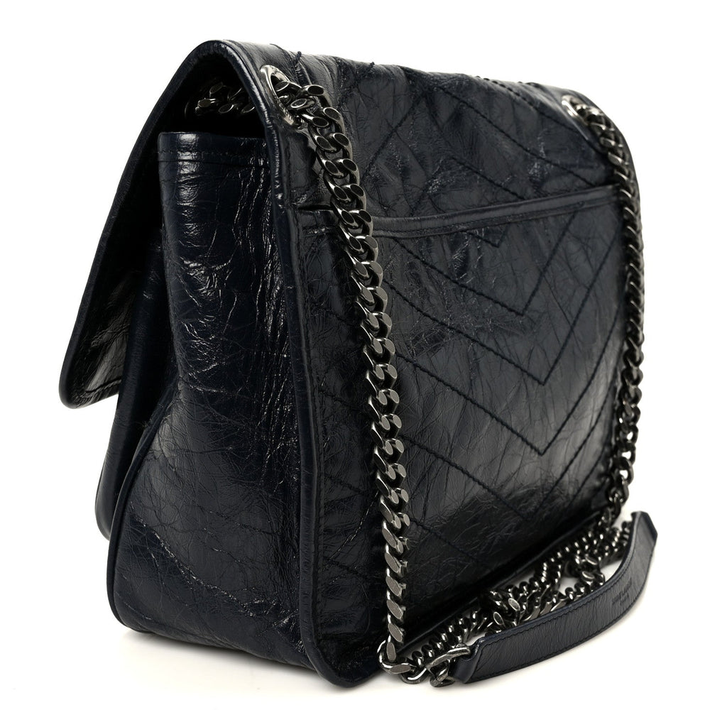 Crinkled Calfskin Matelasse Monogram Medium Niki Chain Satchel Deep Marine