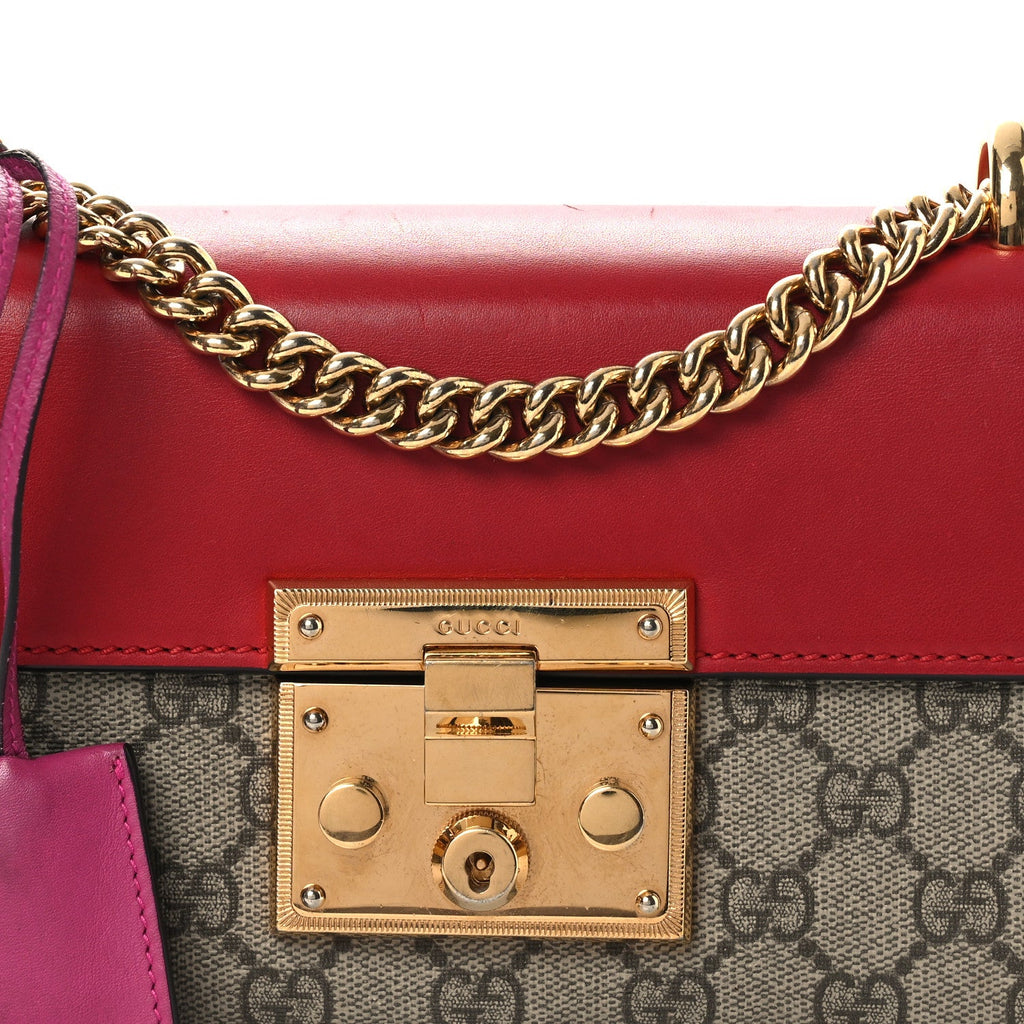 GG Supreme Monogram Calfskin Small Padlock Shoulder Bag Beige Hibiscus Red New Rosette